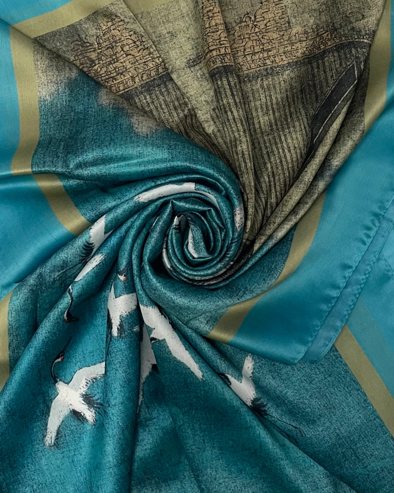 Japanese Cranes Artist Silk Scarf in Gold & Teal