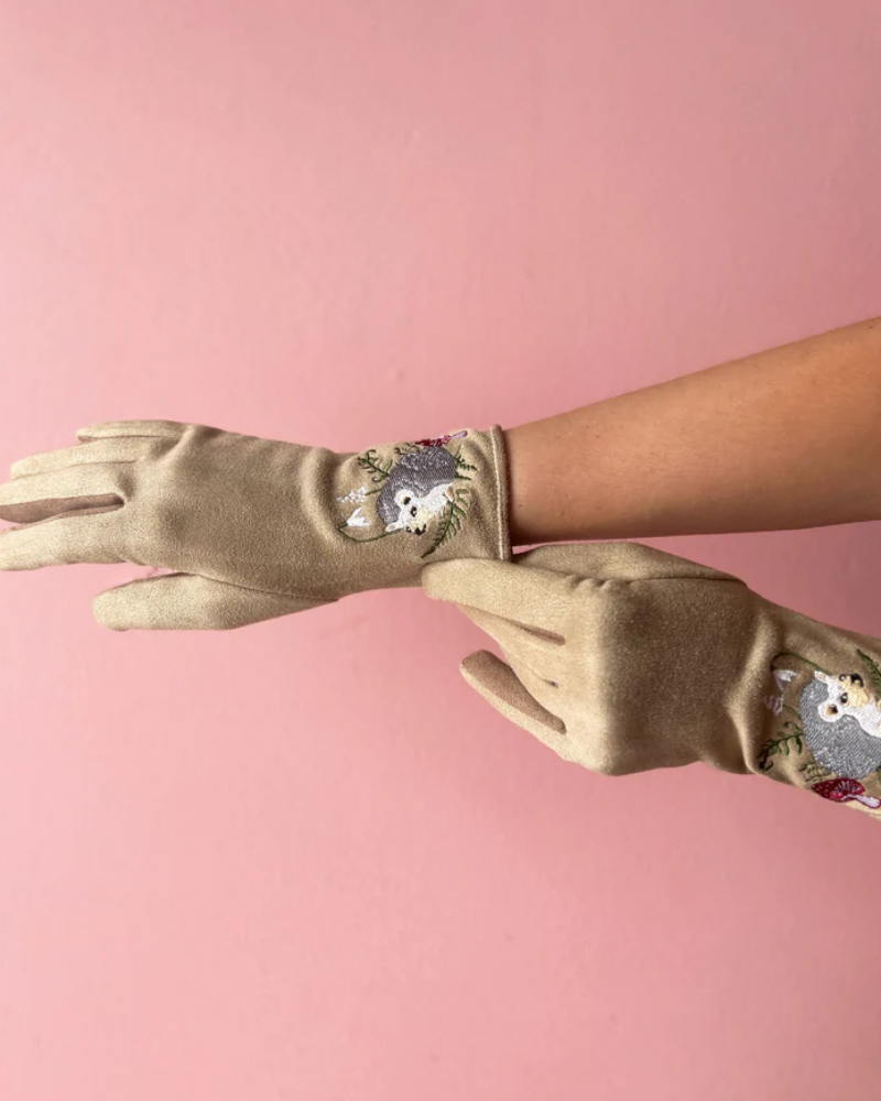 Embroidered Garden Hedgehog Gloves in Cream