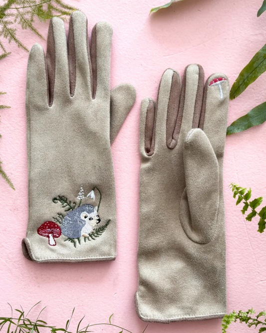 Embroidered Garden Hedgehog Gloves in Cream