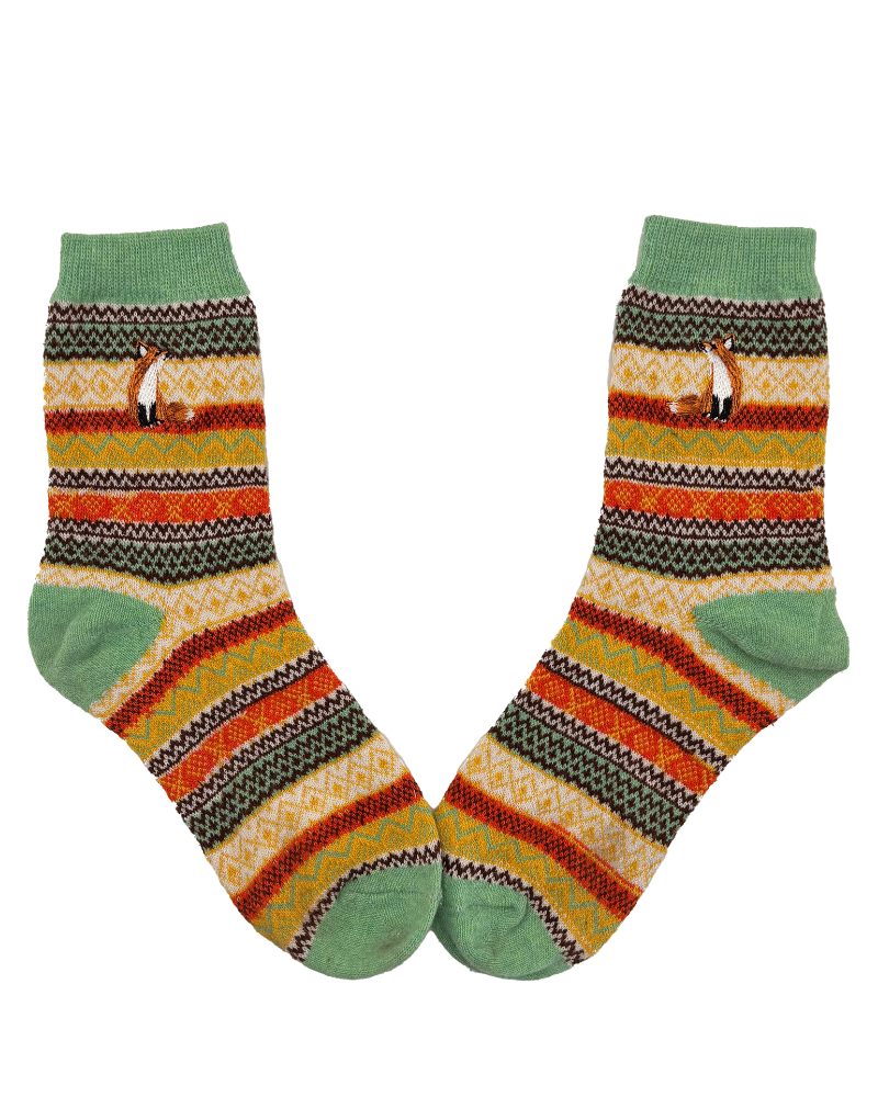 Fair Isle Embroidered Fox Crew Socks
