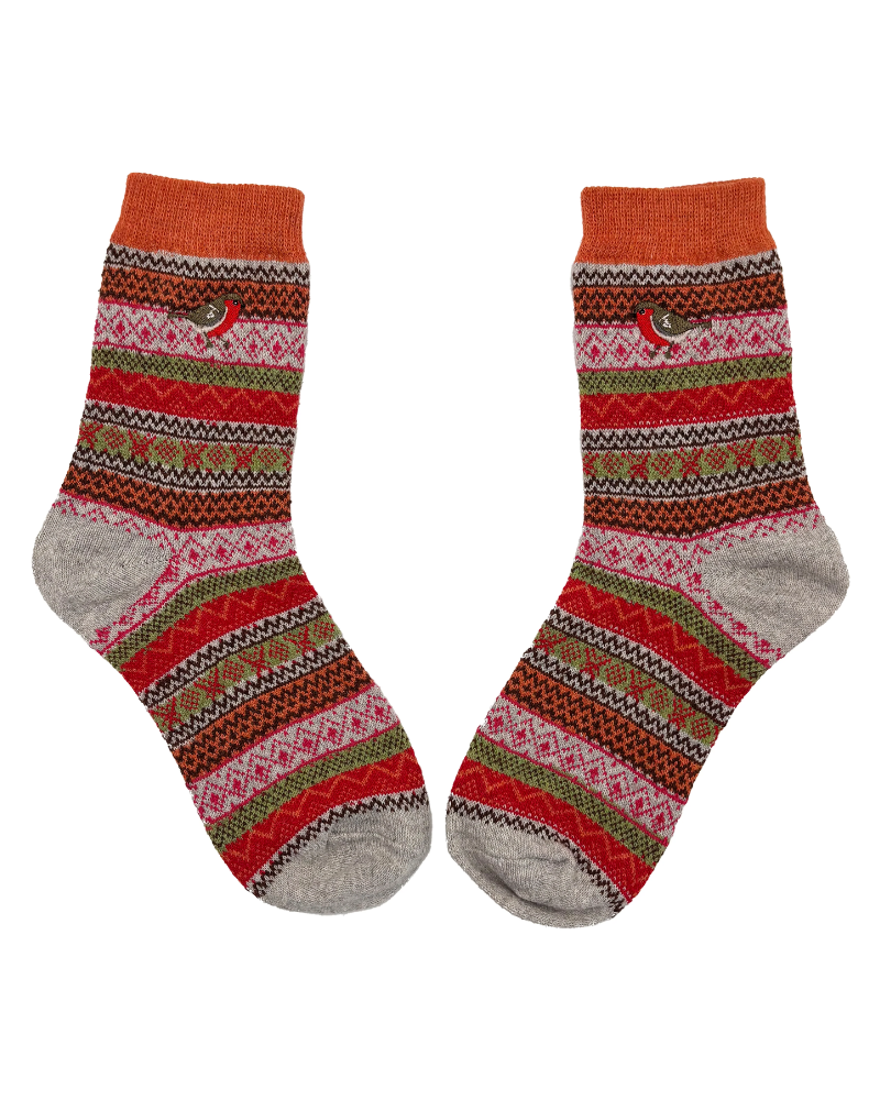 Fair Isle Embroidered Robin Crew Socks