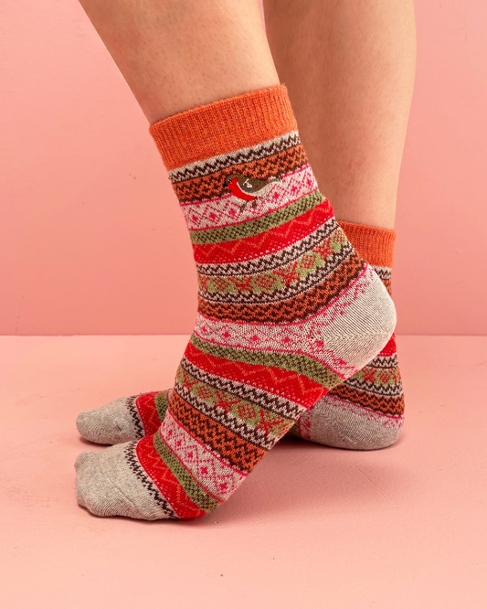 Fair Isle Embroidered Robin Crew Socks