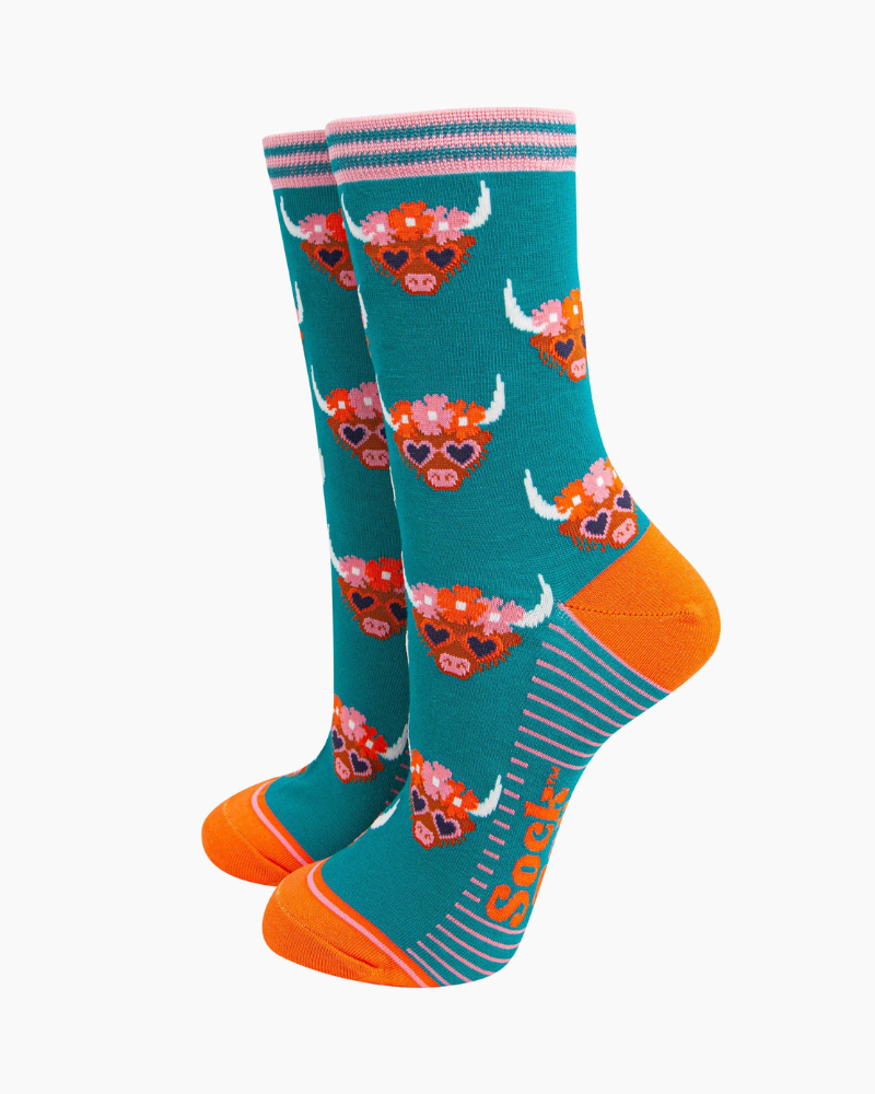 Teal Flower Crown Highland Cow Bamboo Socks