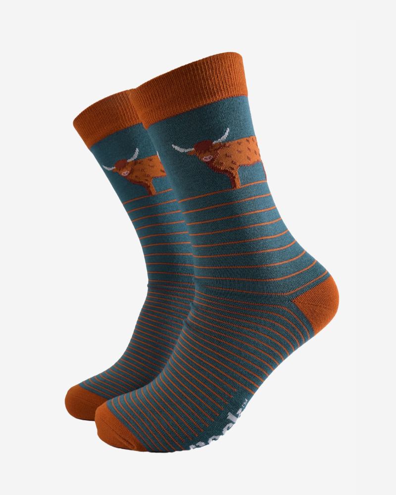 Teal Stripe Highland Cow Bamboo Socks