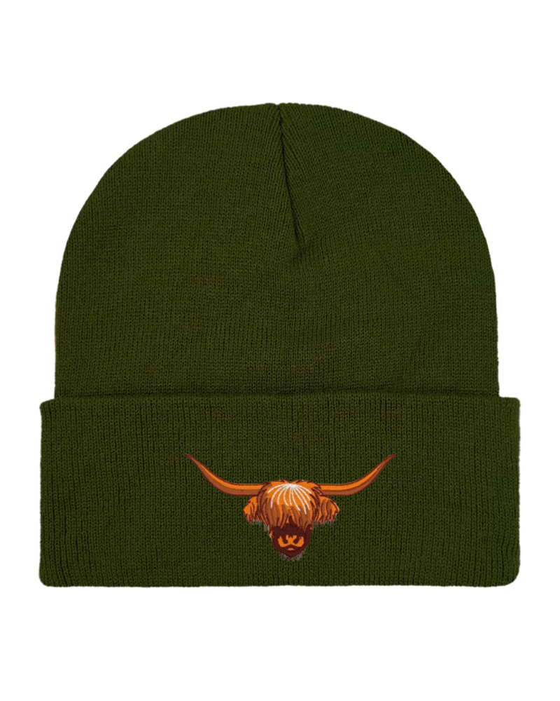 Highland Cow Embroidered Beanie in Moss Green