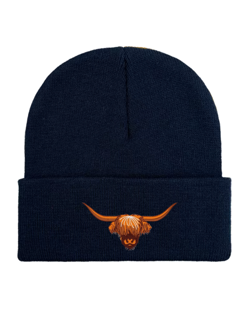 Highland Cow Embroidered Beanie in French Navy