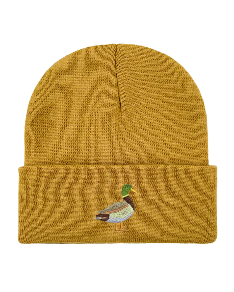 Duck Embroidered Beanie Hat in Mustard Yellow