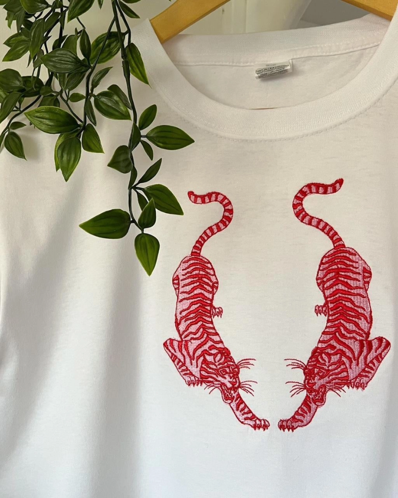 Unisex Twin Tigers Embroidered T-Shirt