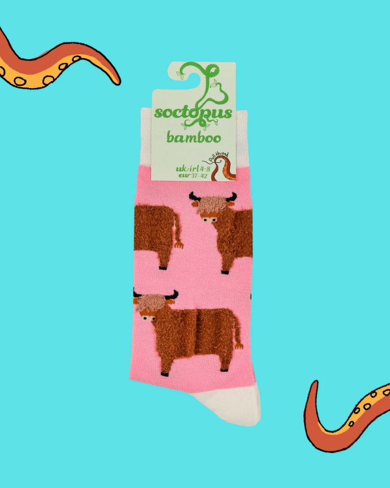 Pink Wee Hairy Coo Highland Cow Crew Socks
