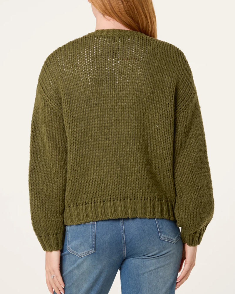 Chunky Knit Flower Embroidery Cardigan in Khaki
