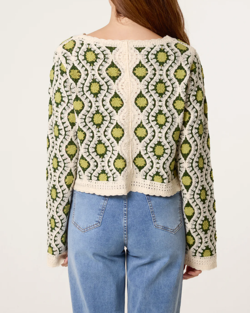Geo Circle Wave Crochet Cardigan In Green