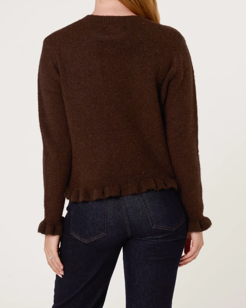 Ruffled Trim Button Through Cardigan In Chocolate
