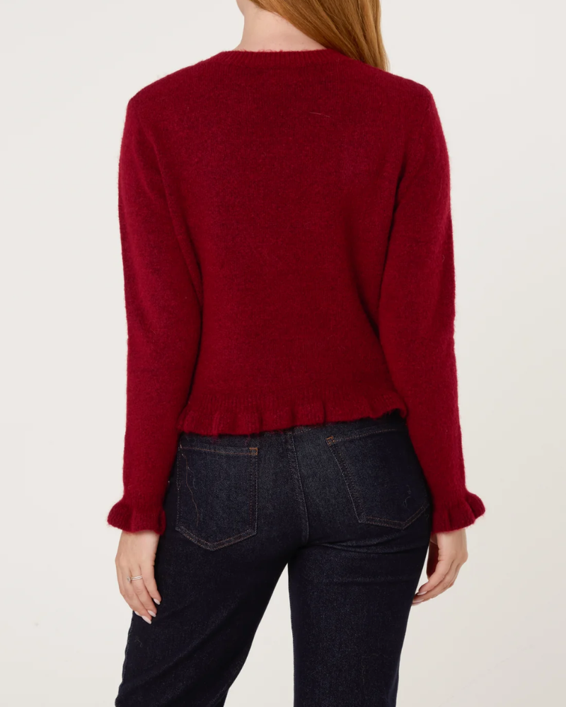 Ruffled Trim Button Through Cardigan In Wine
