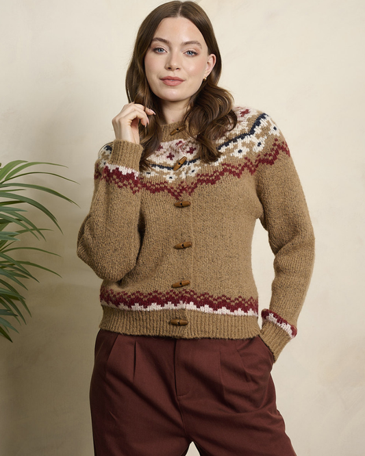 Brown Winnie Fair Isle Winter Toggle Cardigan by Banned Apparel
