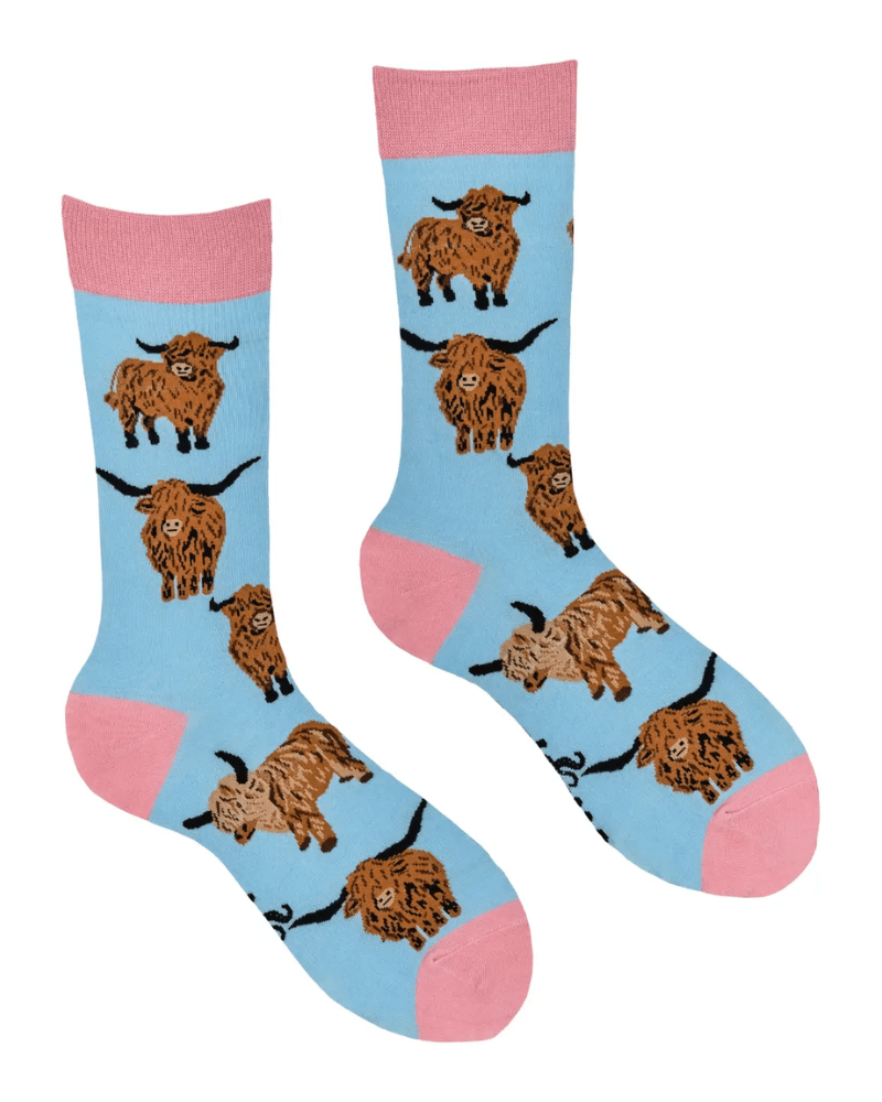Aqua Och Aye The Moo Highland Cow Crew Socks - Pink Poodle Boutique - S2269S