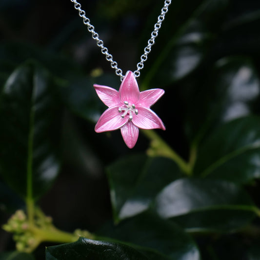 Lily Pink Star Gazer Flower Pendant Necklace