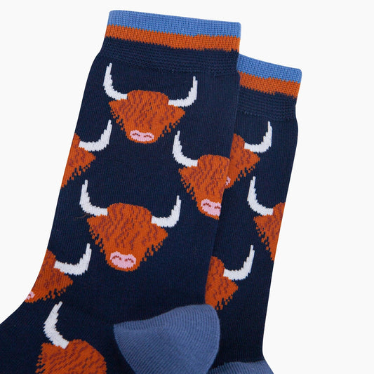 Highland Cow Bamboo Socks in Navy Blue