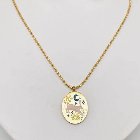 Painted Enamel Rabbit Oval 18K Gold Plated Necklace