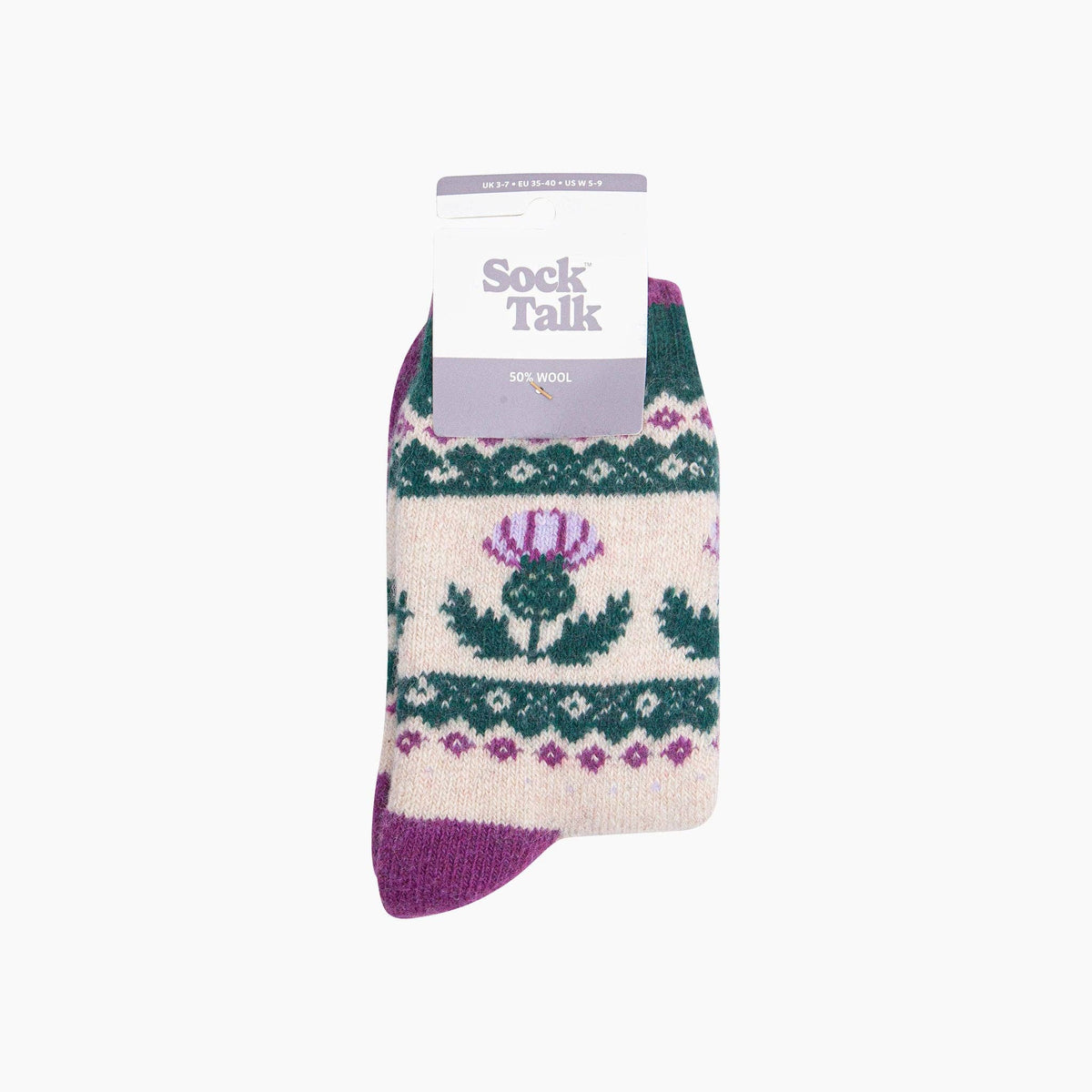 Thistle Patterned Wool Socks in Cream/Green