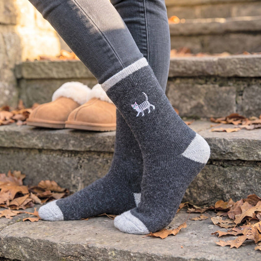 Grey Cat Embroidered Wool Socks in Charcoal