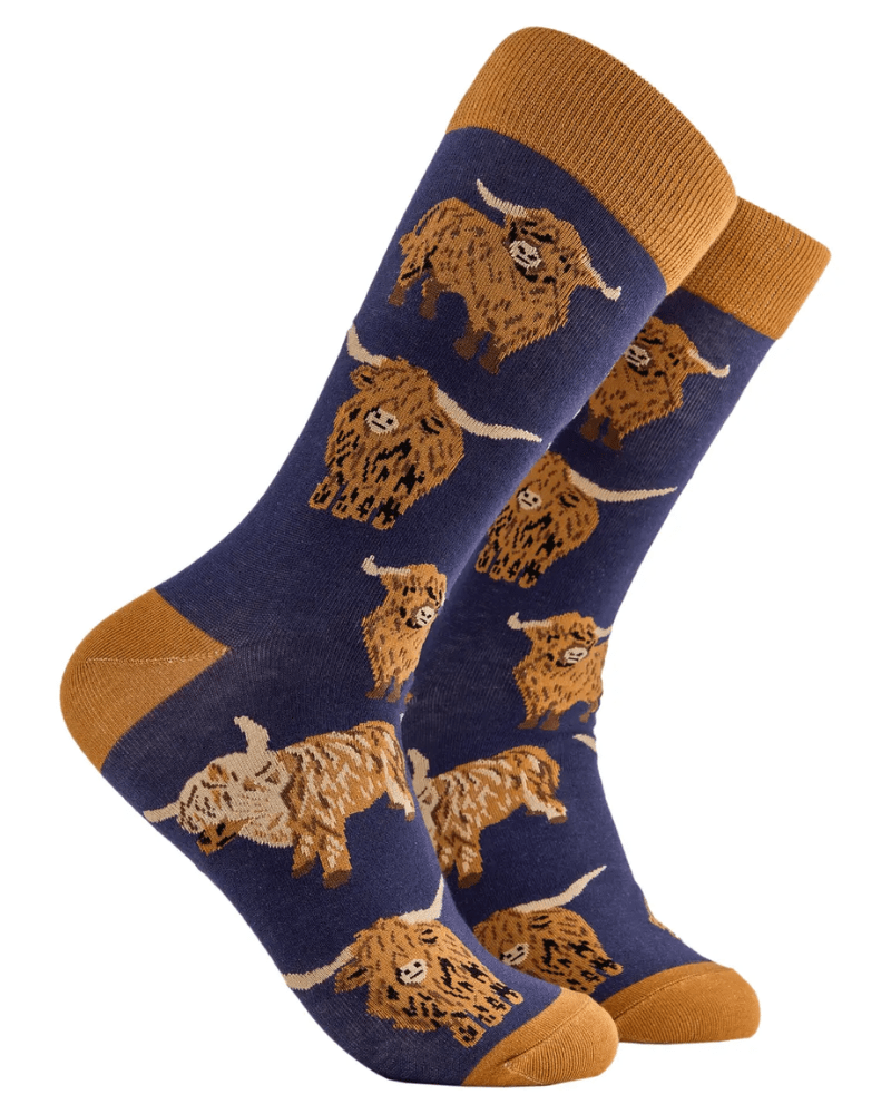 Dark Blue Och Aye the Moo Highland Cow Crew Socks - Pink Poodle Boutique - S2269L