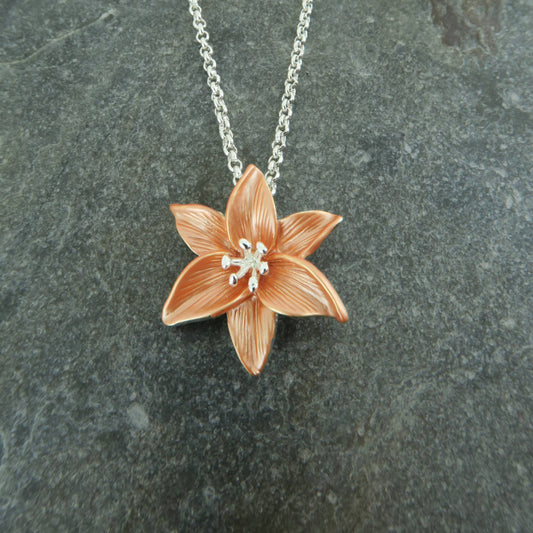 Orange Tiger Lily Flower Pendant Necklace