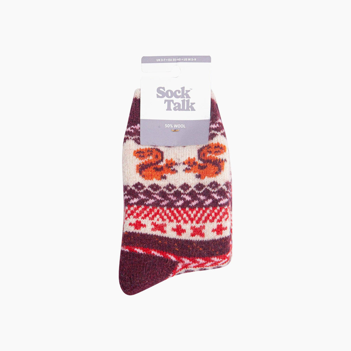 Squirrel Patterned Wool Socks in Cream/Burgundy