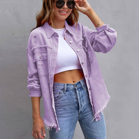 Plain Ripped Denim Jacket in Green or Lilac