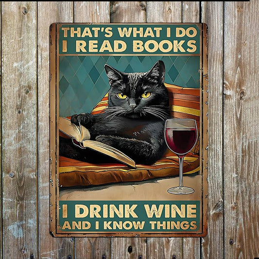 I Drink Wine Read Books Know Things Cat Metal Sign Plaque 6x8inch