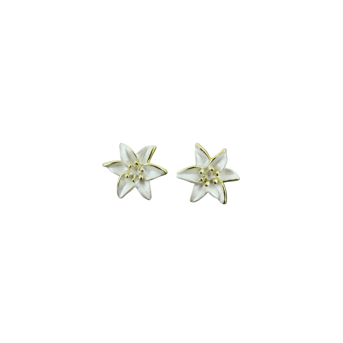 Lily White Flower Post Stud Earrings in Gold