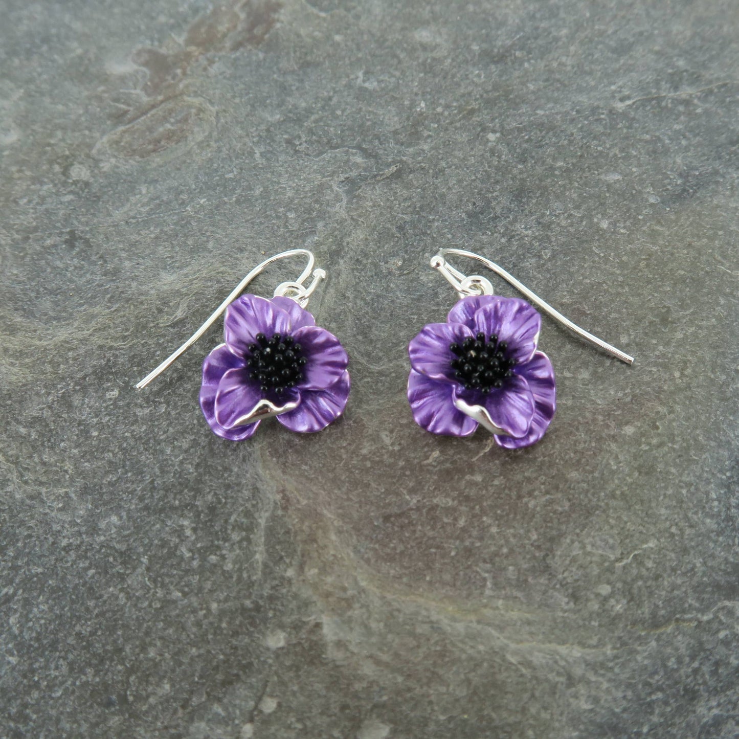 Purple Poppy Flower Drop Hook Earrings