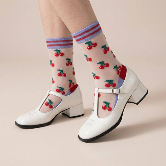 Cherry Fruit Combed Cotton Sheer Pop Socks