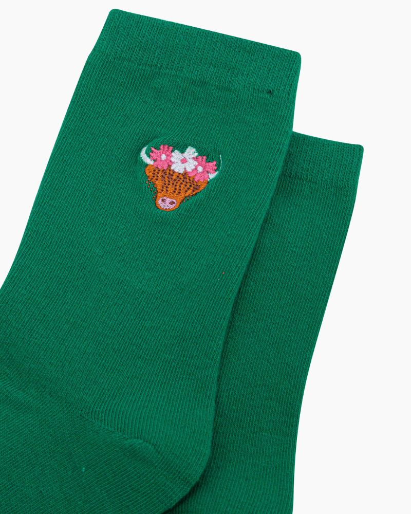 Highland Cow Flower Crown Embroidered Cotton Socks - Pink Poodle Boutique - 4530HCOWGR