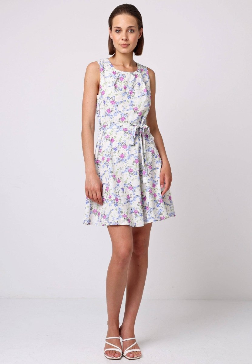 Skater Mini Dress with Tie Belt in White Floral - Pink Poodle Boutique - T038865MUTIF - XS