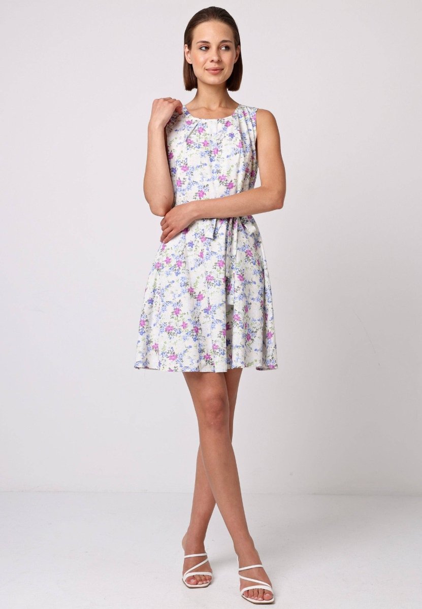 Skater Mini Dress with Tie Belt in White Floral - Pink Poodle Boutique - T038865MUTIF - XS