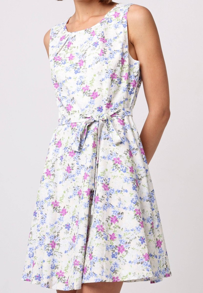 Skater Mini Dress with Tie Belt in White Floral - Pink Poodle Boutique - T038865MUTIF - XS