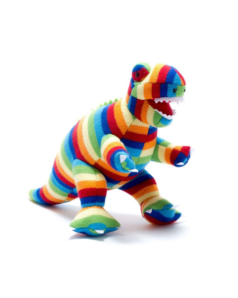 Stripey T Rex Dinosaur Knitted Toy In Bold Rainbow Stripe Pink Poodle Boutique
