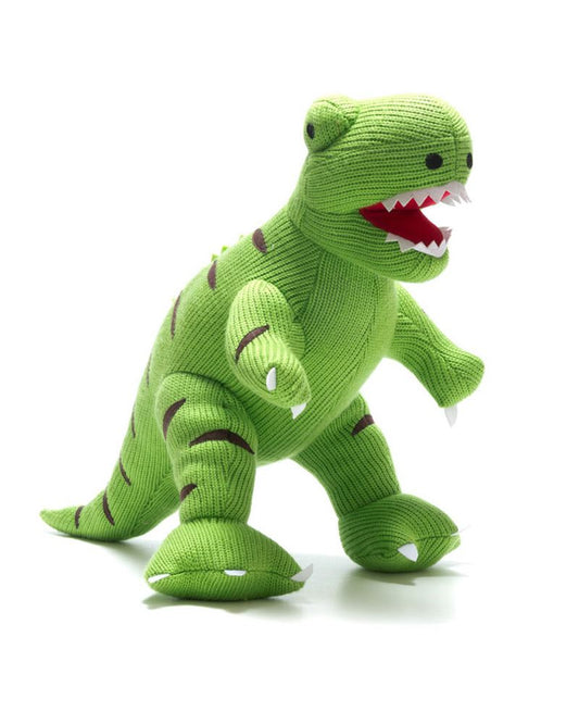 hand knitted T-Rex dinosaur toy, in bright and bold colours, is super cuddly.     Great for babies and toddlers, this dinosaur soft toy is a perfect size for baby to play with during tummy time with its soft stimulating rattle sound.