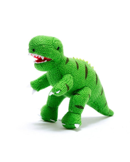 hand knitted T-Rex dinosaur toy, in bright and bold colours, is super cuddly.     Great for babies and toddlers, this dinosaur soft toy is a perfect size for baby to play with during tummy time with its soft stimulating rattle sound.