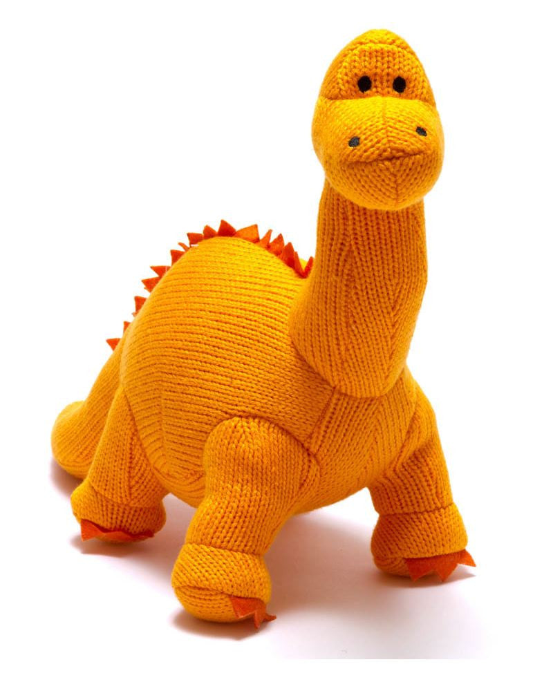 hand knitted Diplodocus dinosaur toy, in bright and bold colours, is super cuddly. Great for babies and toddlers, this dinosaur soft toy is a perfect size for baby to play.
