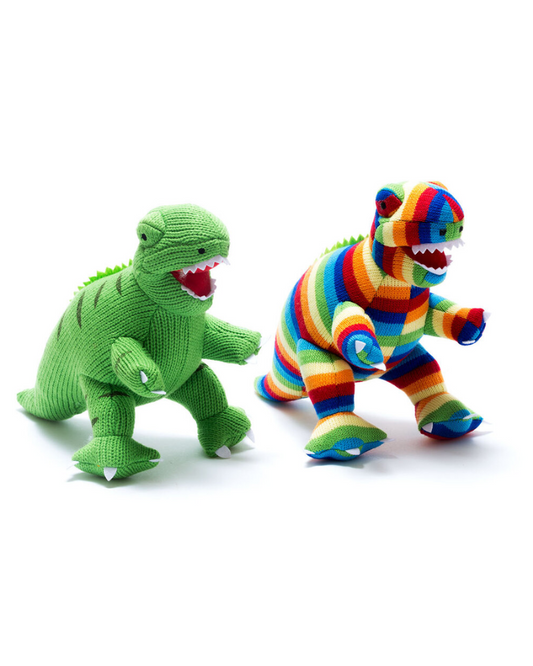Stripey T-Rex Dinosaur Knitted Toy In Bold Rainbow Stripe