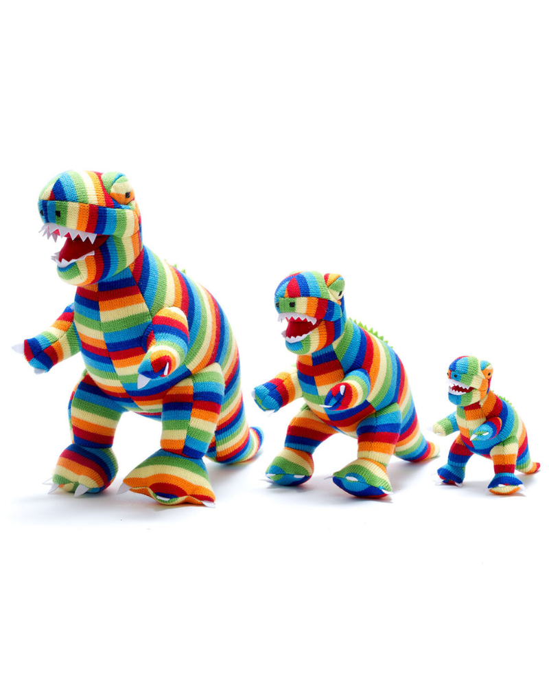 Stripey T-Rex Dinosaur Knitted Toy In Bold Rainbow Stripe