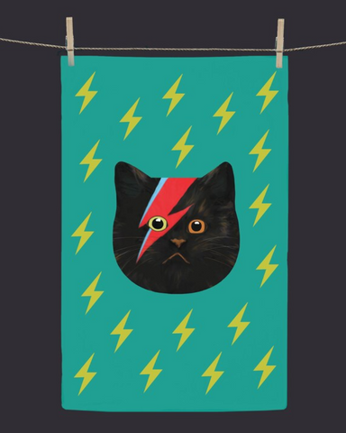 Meowie Bowie Cat Tea Towel Teal