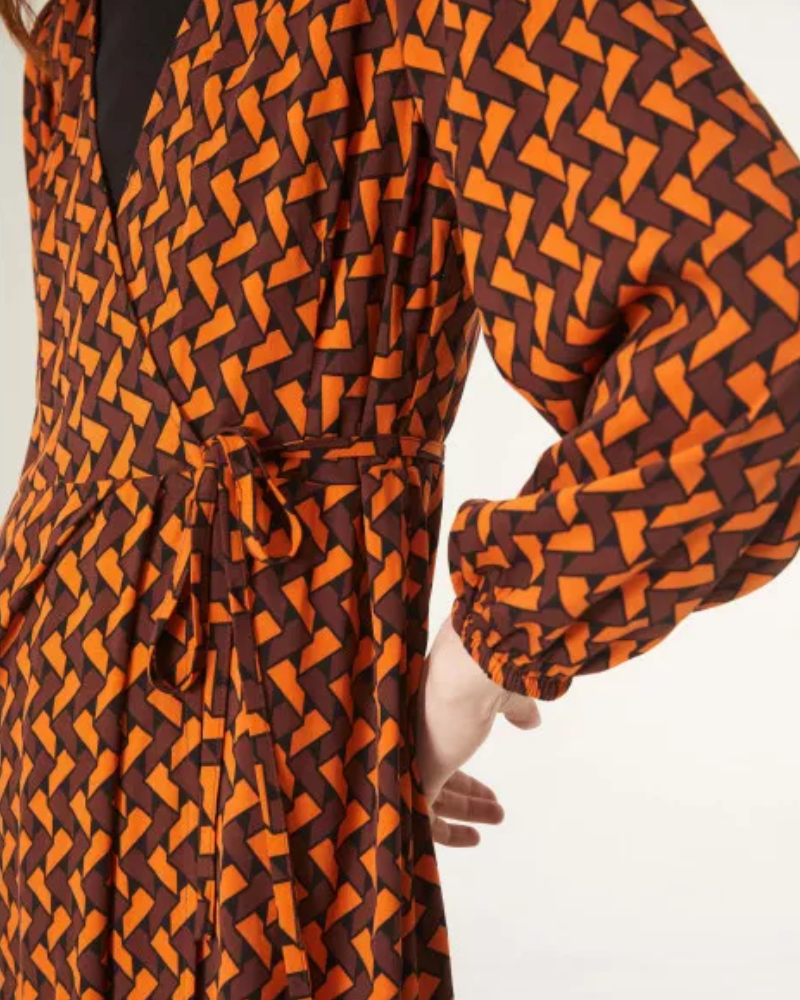 Geometric Labyrinth Zig Zag Print Midi Wrap Dress