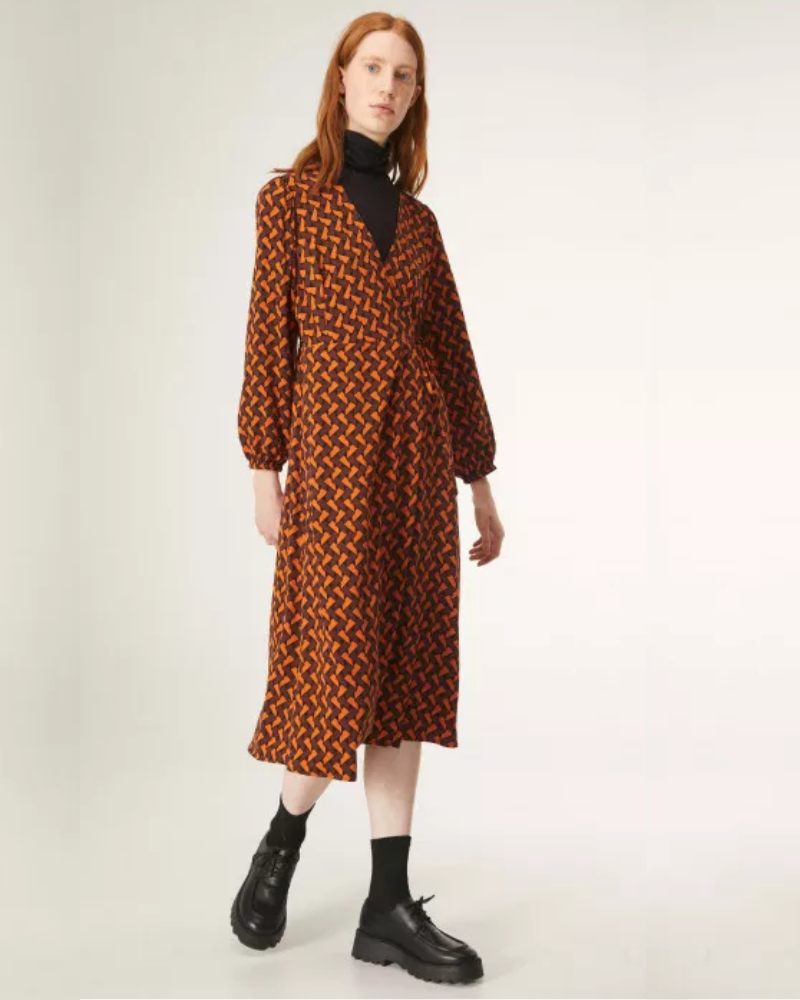 Geometric Labyrinth Zig Zag Print Midi Wrap Dress