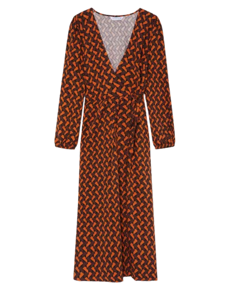 Geometric Labyrinth Zig Zag Print Midi Wrap Dress