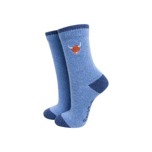 Highland Cow Embroidered Wool Socks in Denim Blue