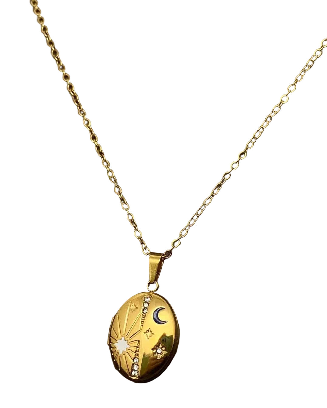 Star Moon Locket Charm 18K Golden S.Steel Necklace