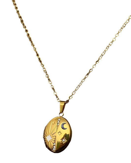 Star Moon Locket Charm 18K Golden S.Steel Necklace