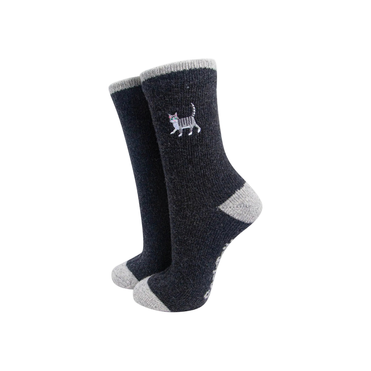 Grey Cat Embroidered Wool Socks in Charcoal